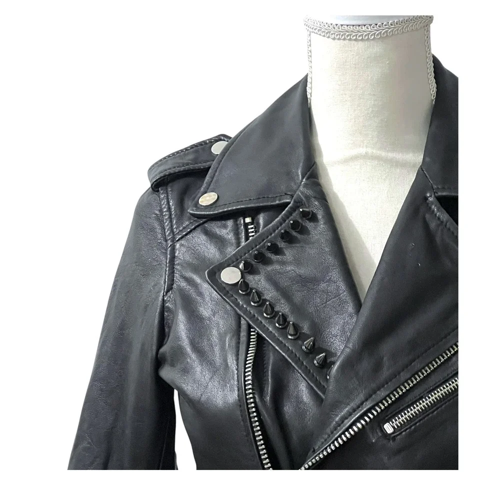 Barneys Originals Black Real Leather Studded Moto Jacket Fetish Back Size 4 - Picture 4 of 9